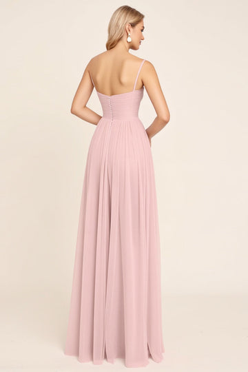 Candy Pink Chiffon A Line Spaghetti Straps Long Bridesmaid Dress
